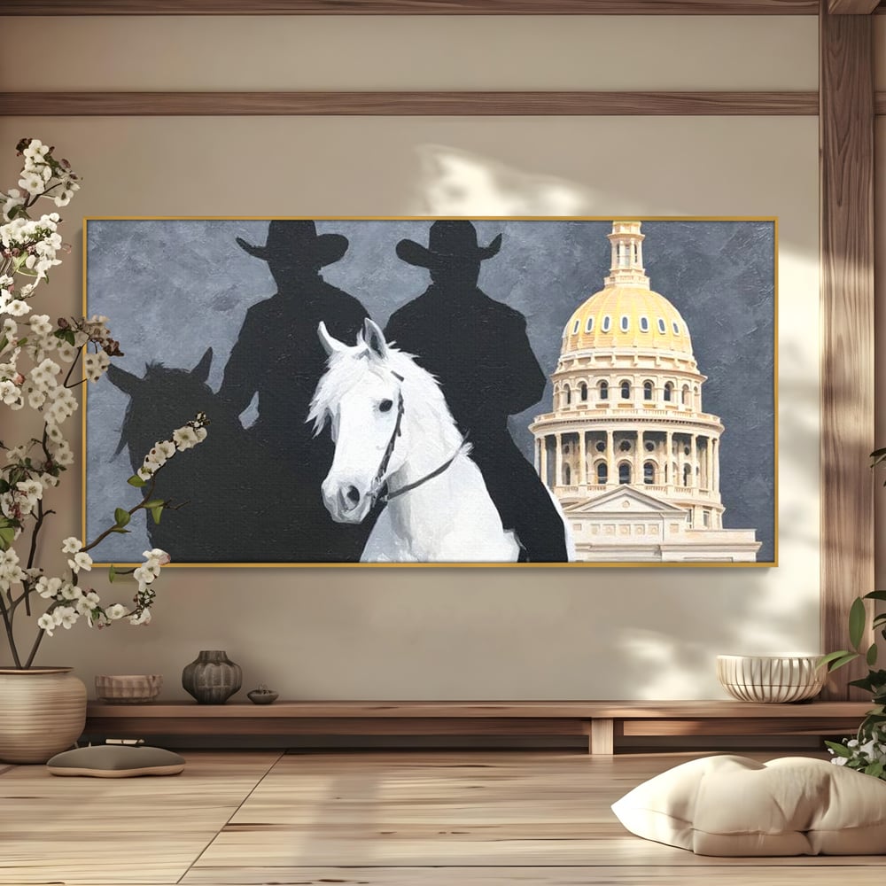 Tablou canvas cu pictura cu doi cowboy si cladire oficiala, in rama de aluminiu auriu